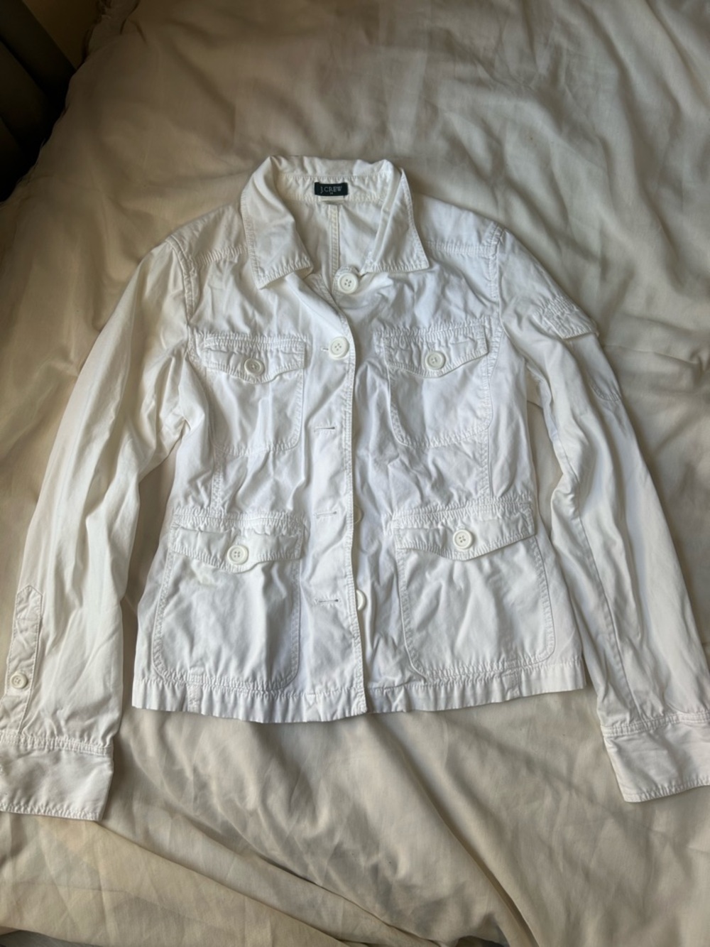 J Crew 100% Cotton Small White Button Cargo Utility Jacket pocket vintage EUC